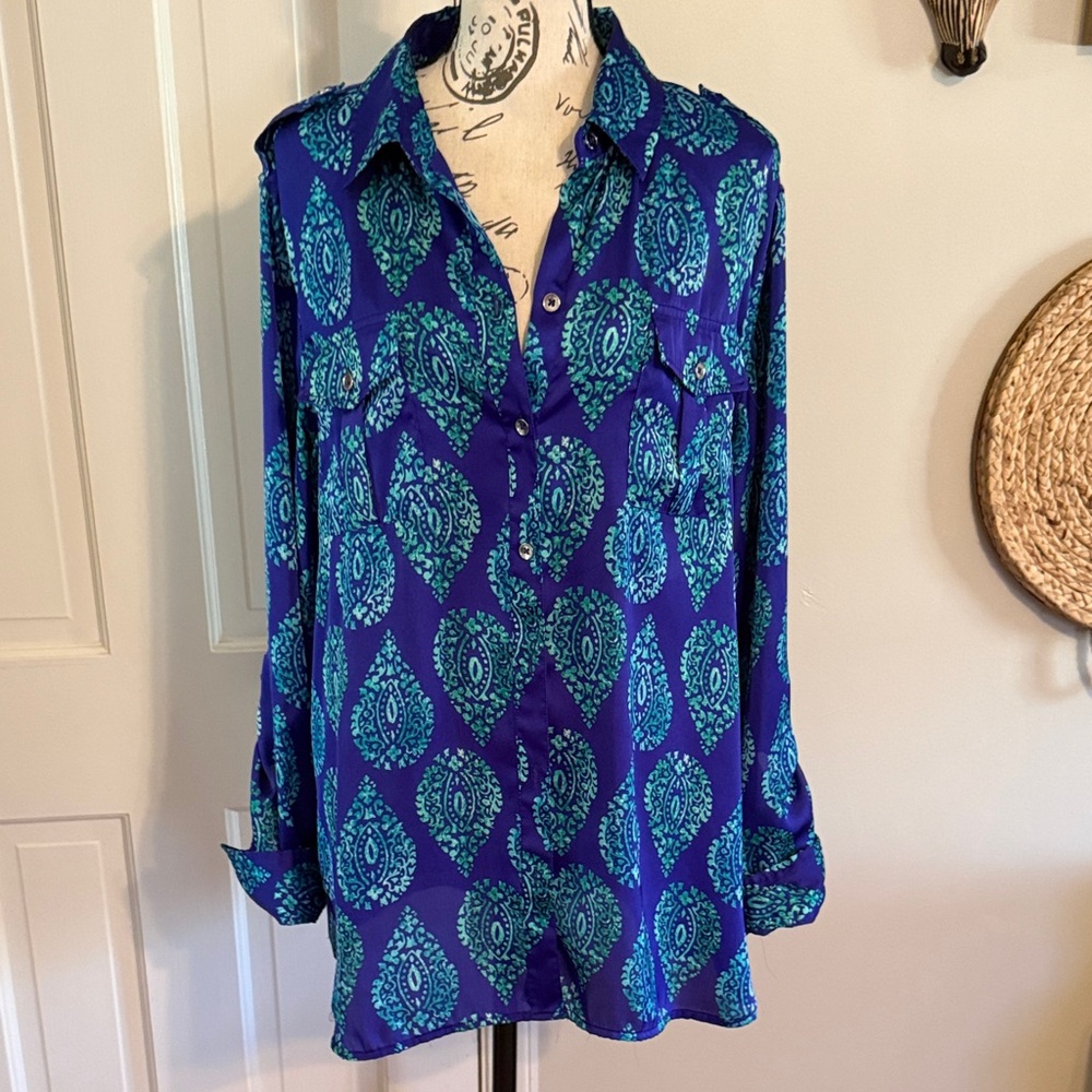 Jones New York Signature Purple and Green Patterned Women's Blouse XL Vintage